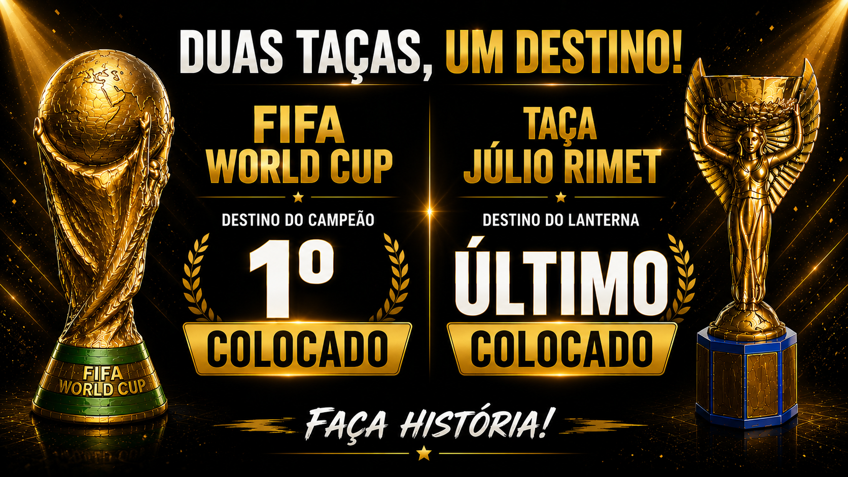 Duas taças, um destino: Taça da FIFA para o 1º colocado e Taça Júlio Rimet para o último colocado. Faça história!